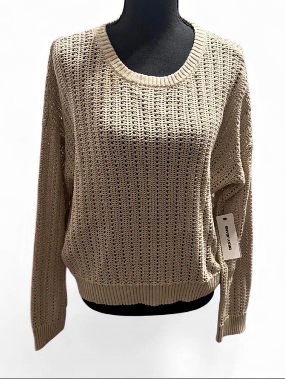 DKNY Jeans Open Knit Crewneck Sweater Beige Medium NWT